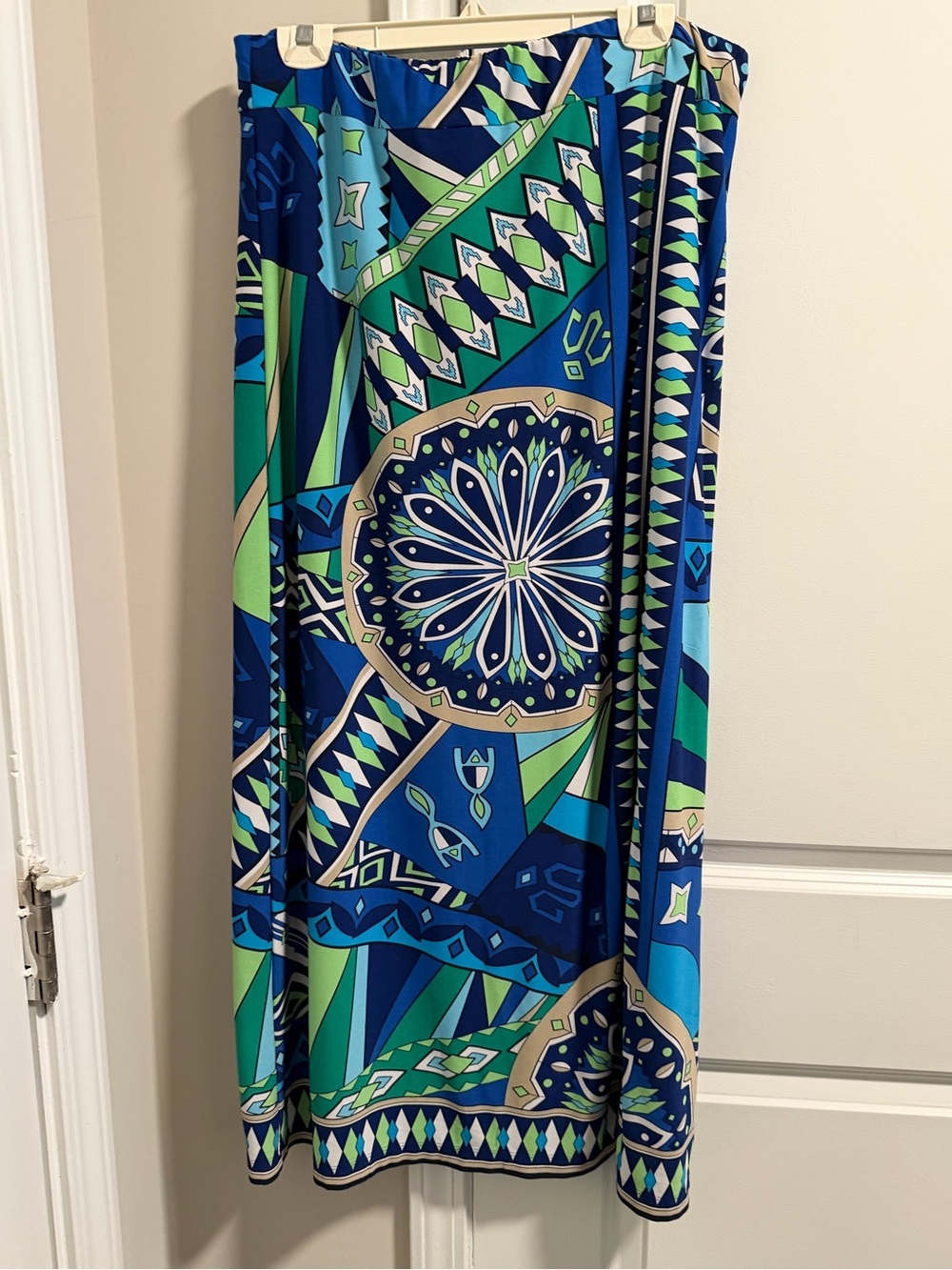 Vibrant Geometric Midi Skirt in Blue & Green